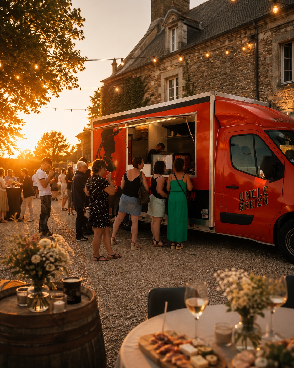 Illustration IA d’un foodtruck orange dans une cour de réception